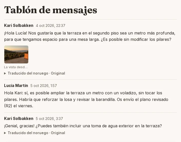 Tablón de mensajes de Planaro visto por el arquitecto, con los mensajes del cliente traducidos al español